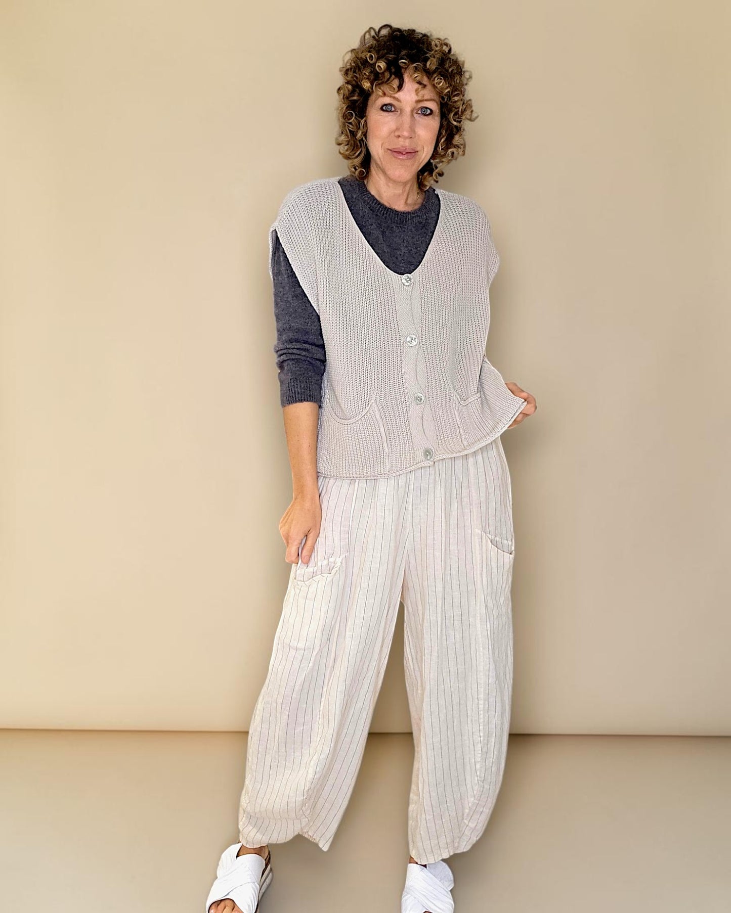 Beige Pure Cotton Knit Vest