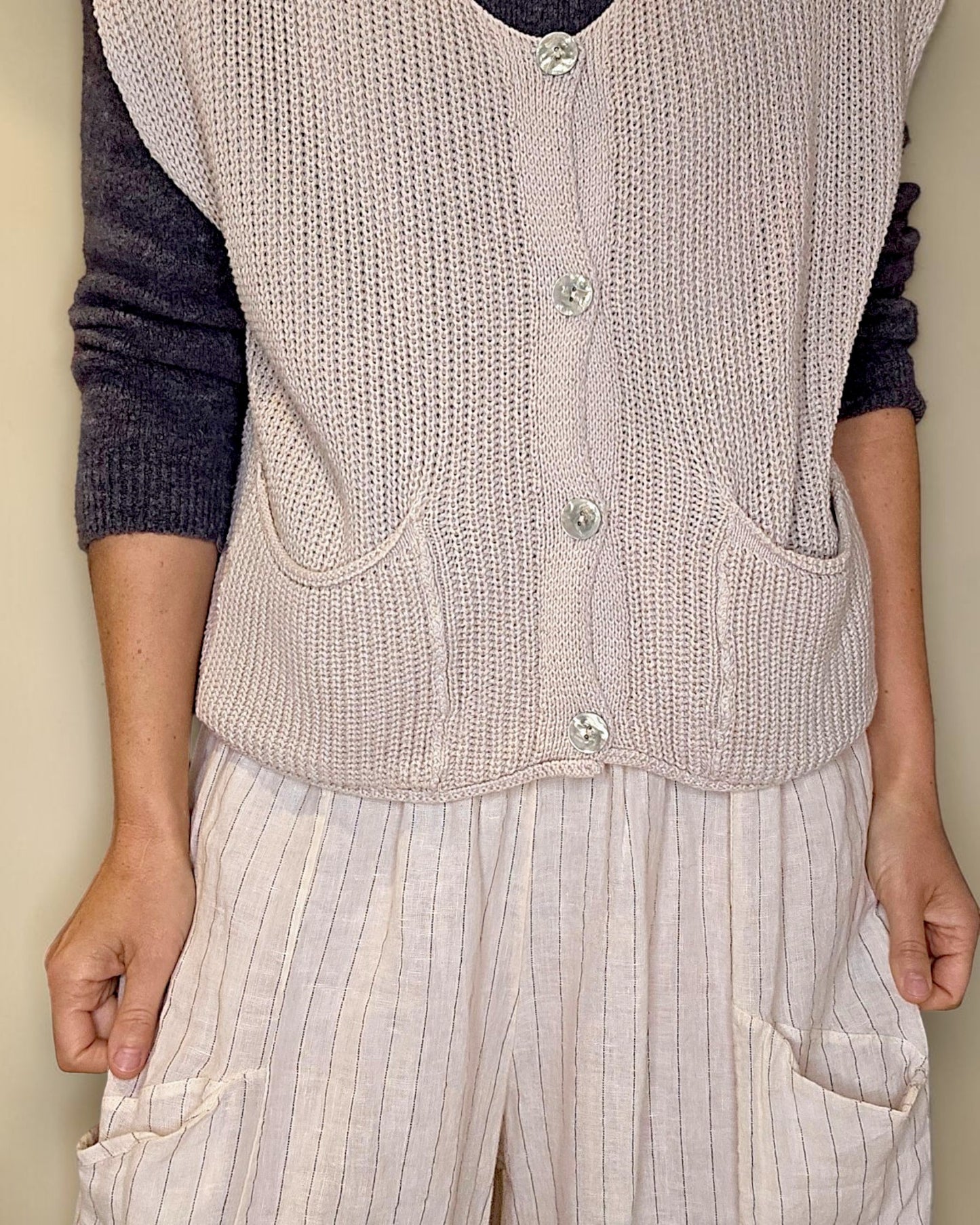 Beige Pure Cotton Knit Vest