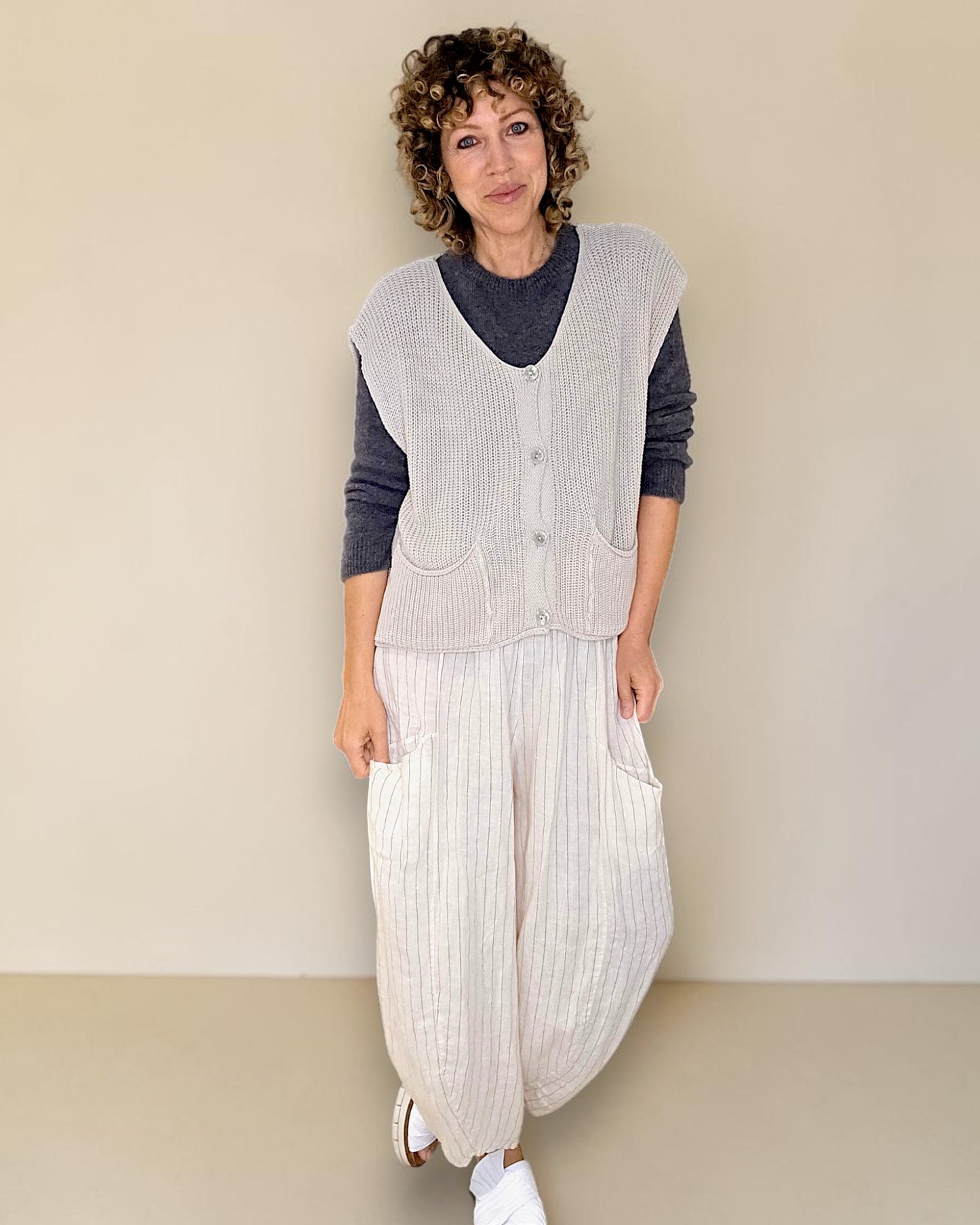 Beige Pure Cotton Knit Vest