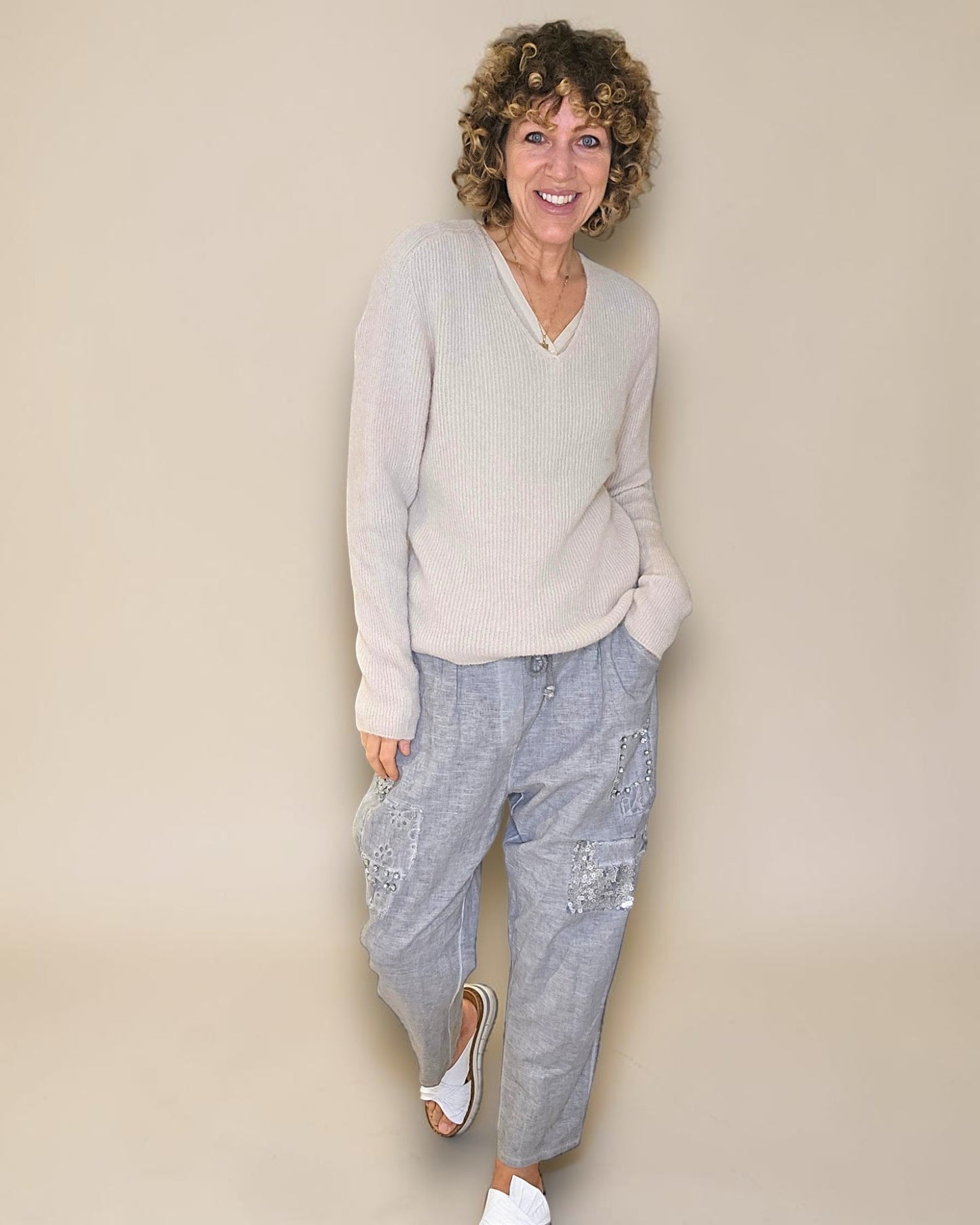 Beige Rib V-Neck Best Basics B. Alpaca Blend Sweater