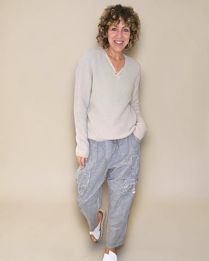 Beige Rib V-Neck Best Basics B. Alpaca Blend Sweater