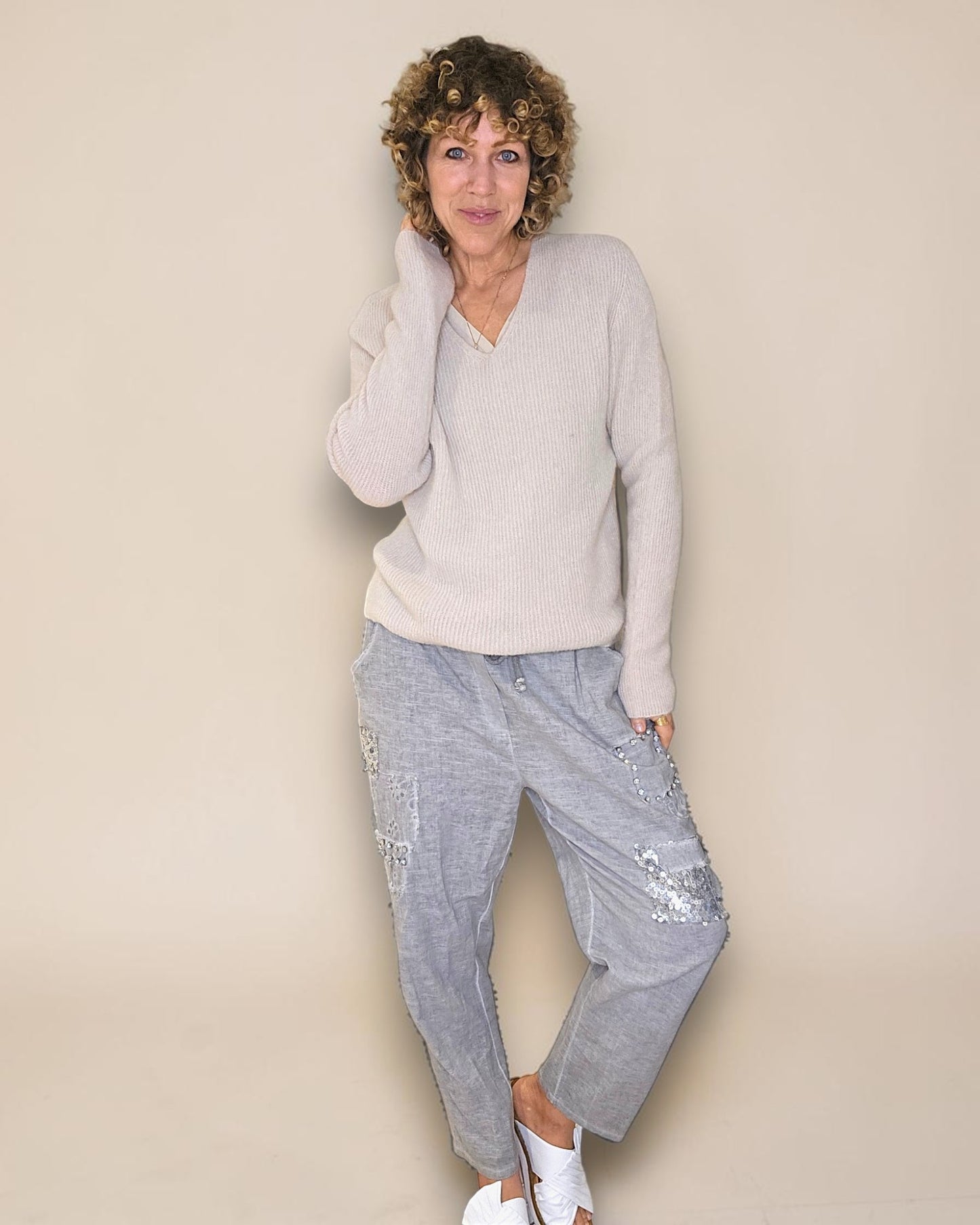Beige Rib V-Neck Best Basics B. Alpaca Blend Sweater