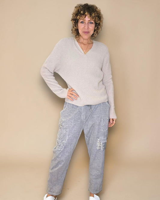 Beige Rib V-Neck Best Basics B. Alpaca Blend Sweater