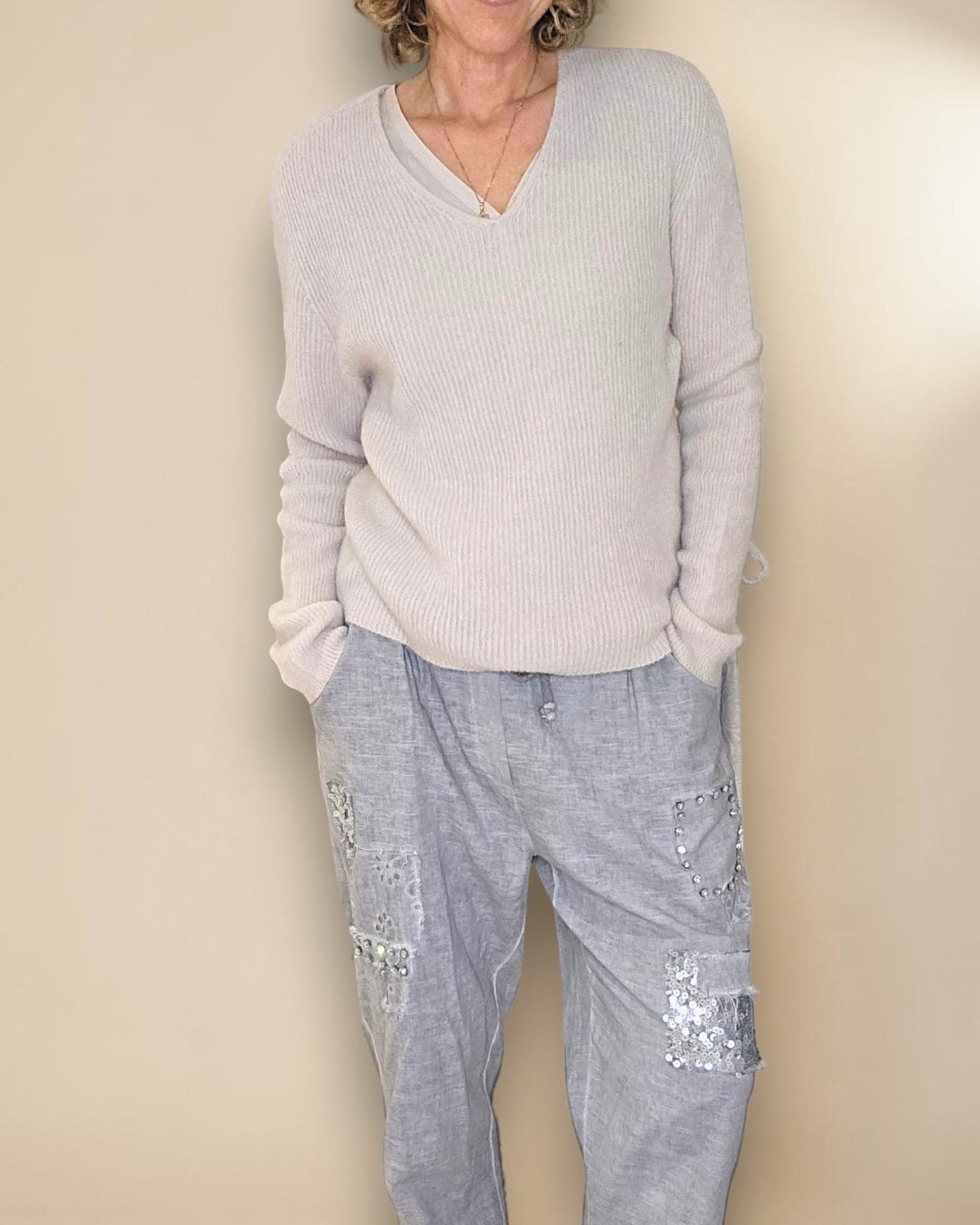 Beige Rib V-Neck Best Basics B. Alpaca Blend Sweater