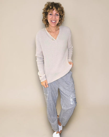 Beige Rib V-Neck Best Basics B. Alpaca Blend Sweater