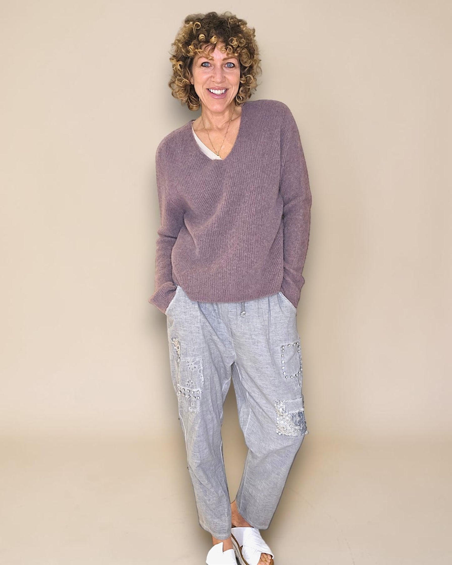 Light Coffee Rib V-Neck Best Basics B. Alpaca Blend Sweater