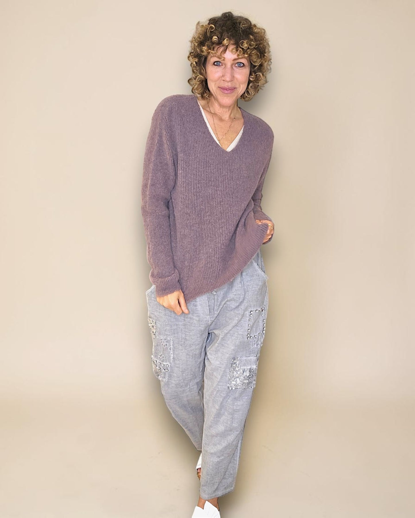 Light Coffee Rib V-Neck Best Basics B. Alpaca Blend Sweater