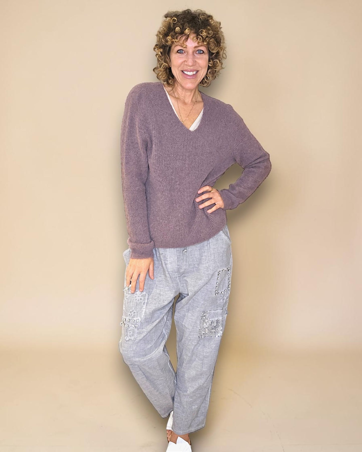 Light Coffee Rib V-Neck Best Basics B. Alpaca Blend Sweater