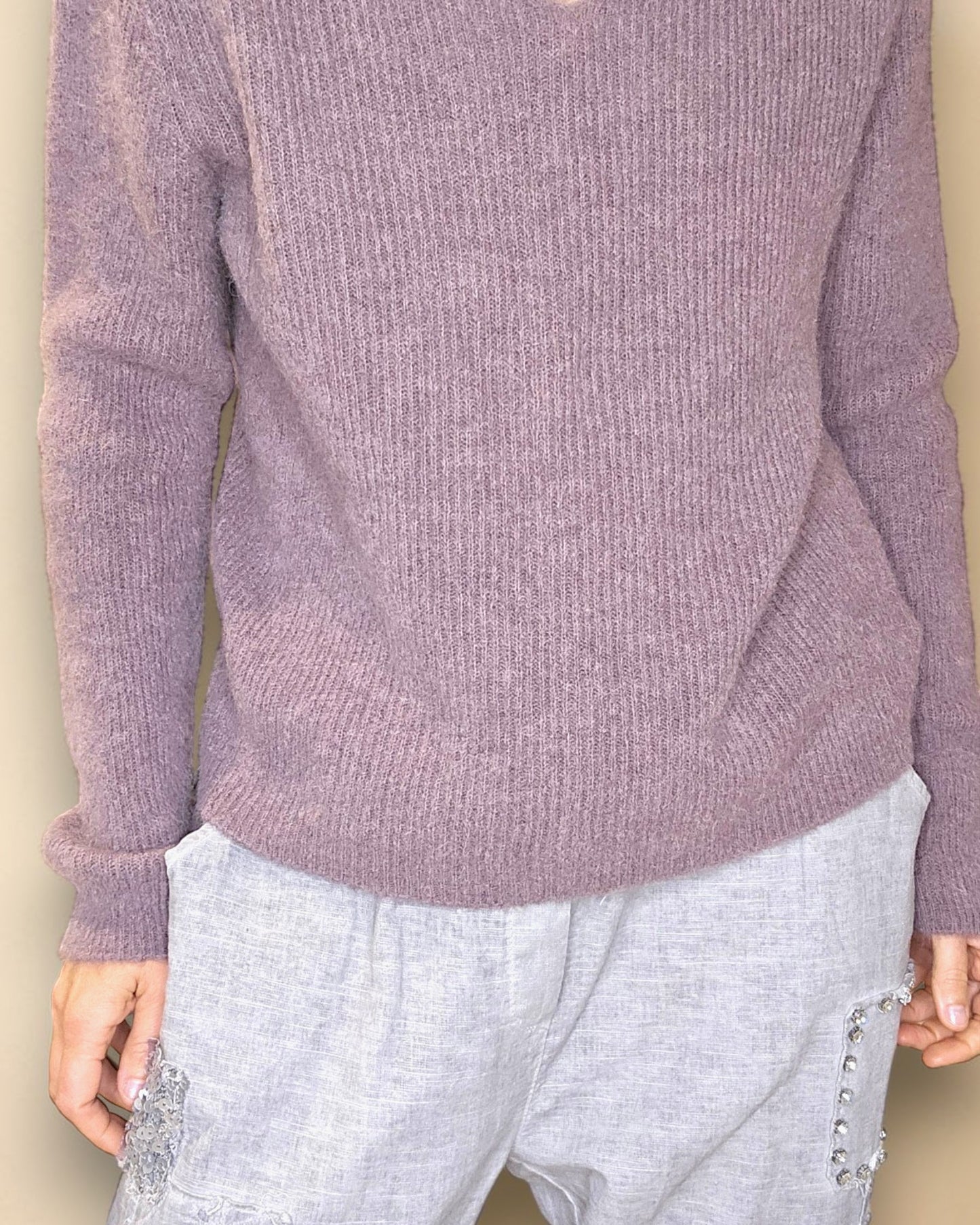 Light Coffee Rib V-Neck Best Basics B. Alpaca Blend Sweater