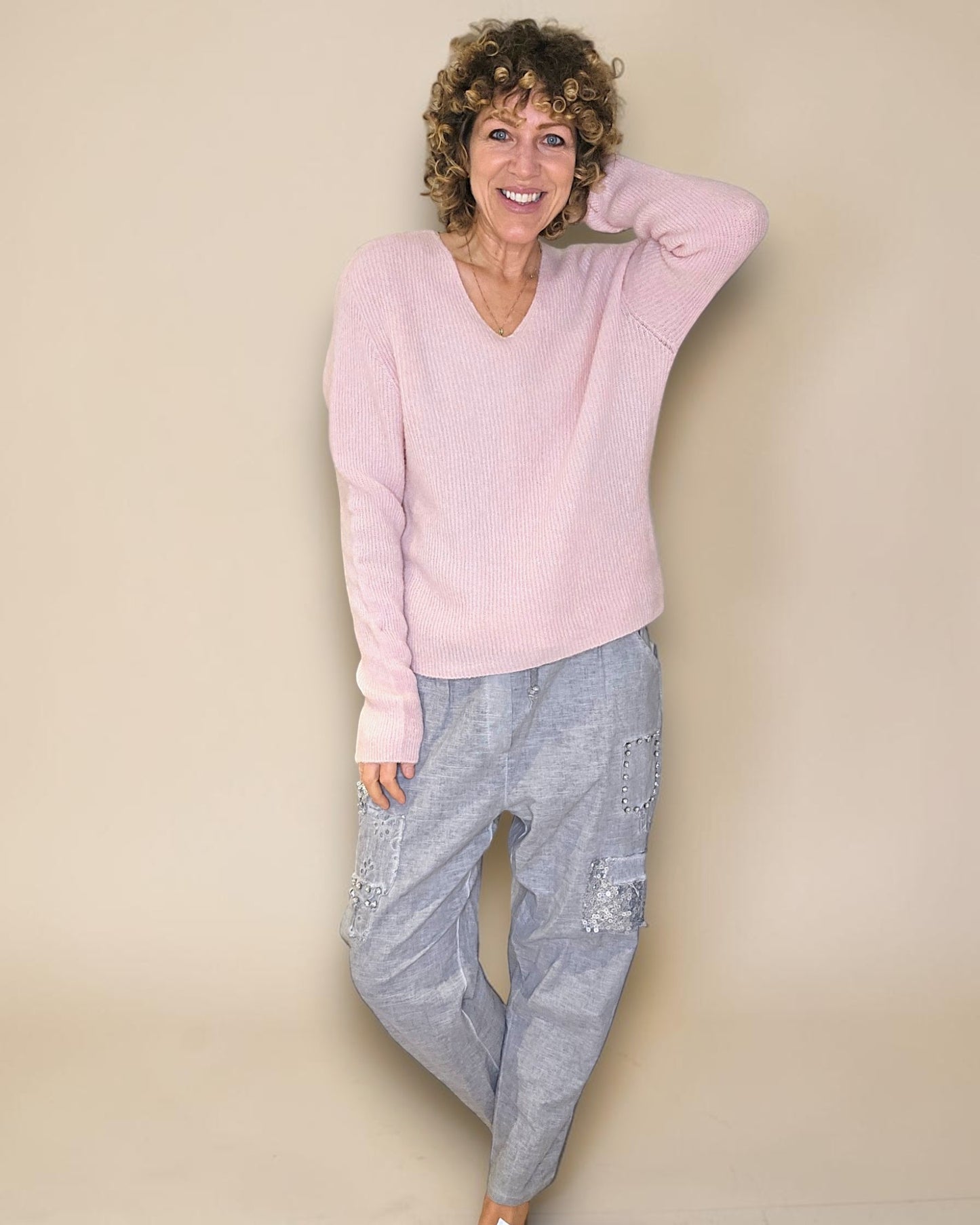 Baby Pink Rib V-Neck Best Basics B. Alpaca Blend Sweater