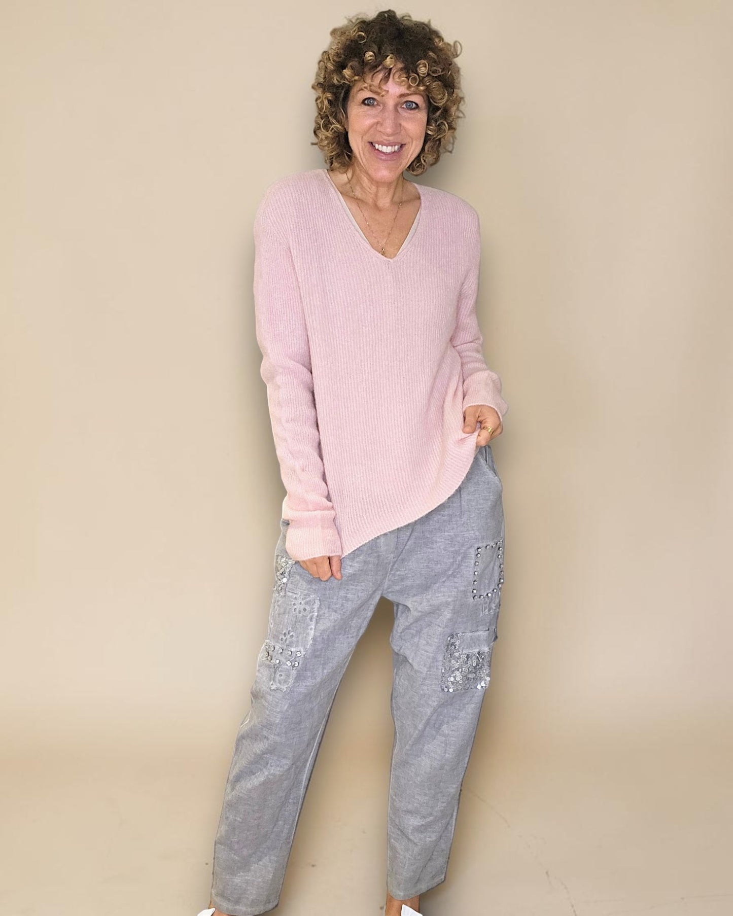 Baby Pink Rib V-Neck Best Basics B. Alpaca Blend Sweater