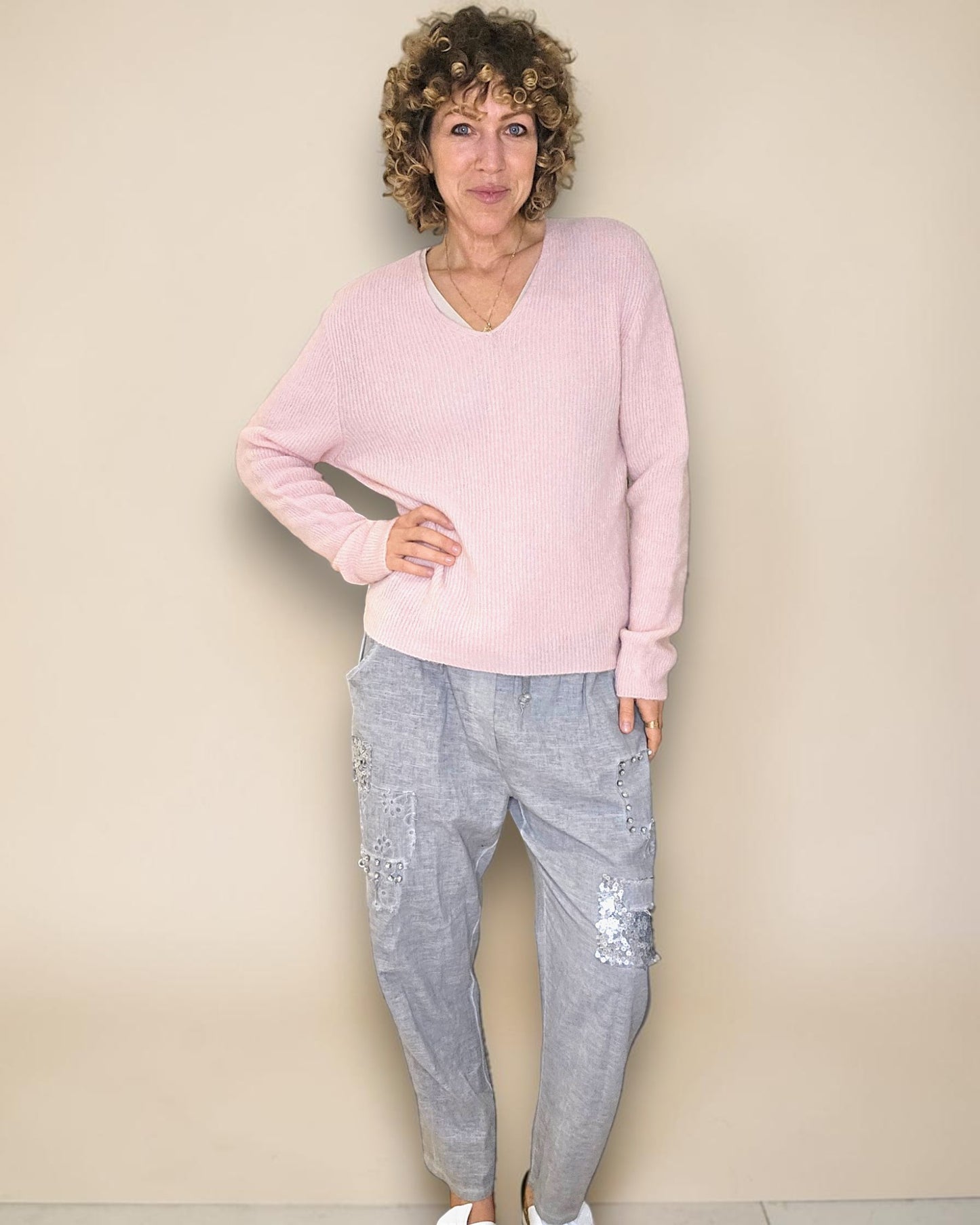 Baby Pink Rib V-Neck Best Basics B. Alpaca Blend Sweater