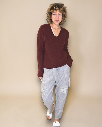 Wine Red Rib V-Neck Best Basics B. Alpaca Blend Sweater