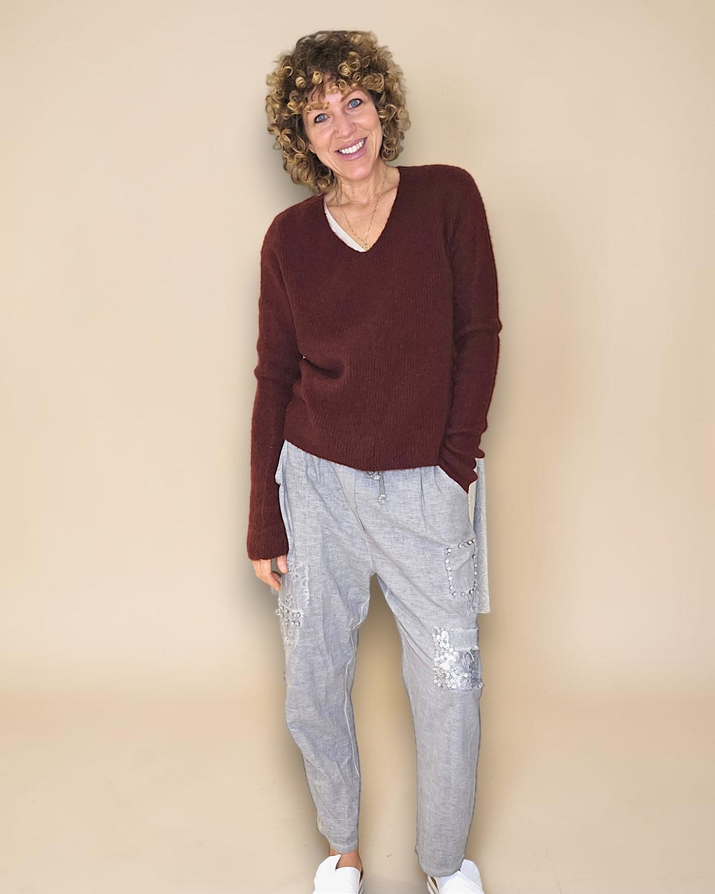 Wine Red Rib V-Neck Best Basics B. Alpaca Blend Sweater