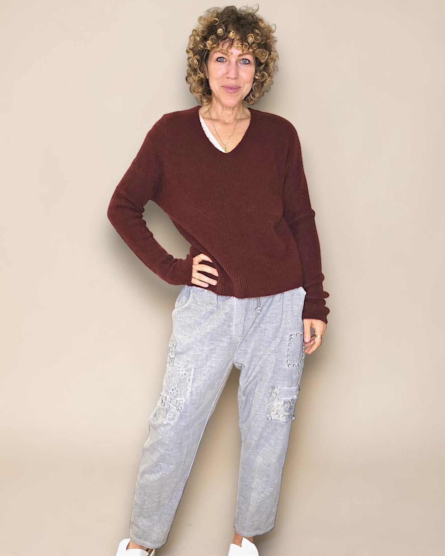 Wine Red Rib V-Neck Best Basics B. Alpaca Blend Sweater