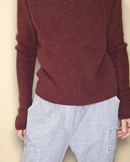 Wine Red Rib V-Neck Best Basics B. Alpaca Blend Sweater