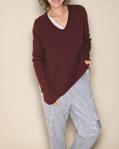 Wine Red Rib V-Neck Best Basics B. Alpaca Blend Sweater