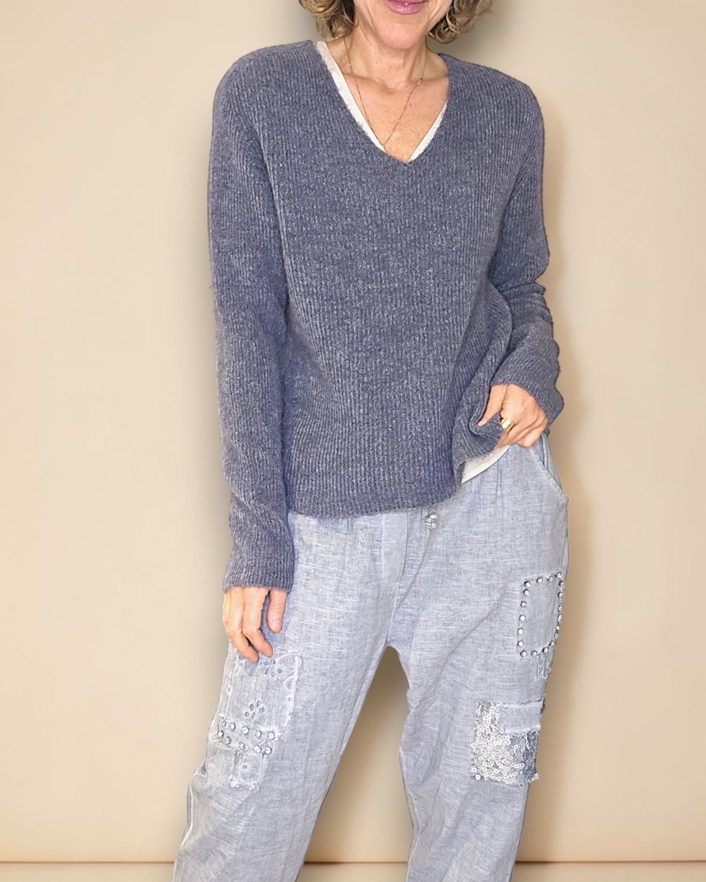 Grey Rib V-Neck Best Basics B. Alpaca Blend Sweater