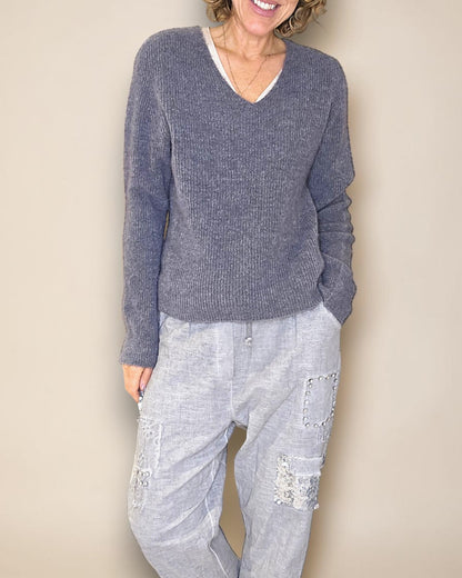 Grey Rib V-Neck Best Basics B. Alpaca Blend Sweater