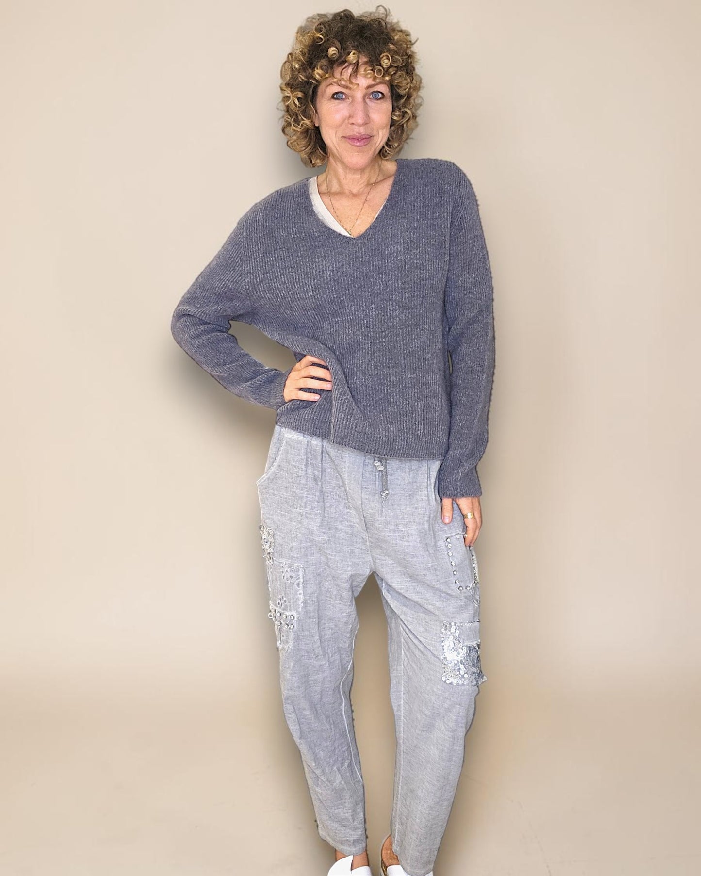 Grey Rib V-Neck Best Basics B. Alpaca Blend Sweater