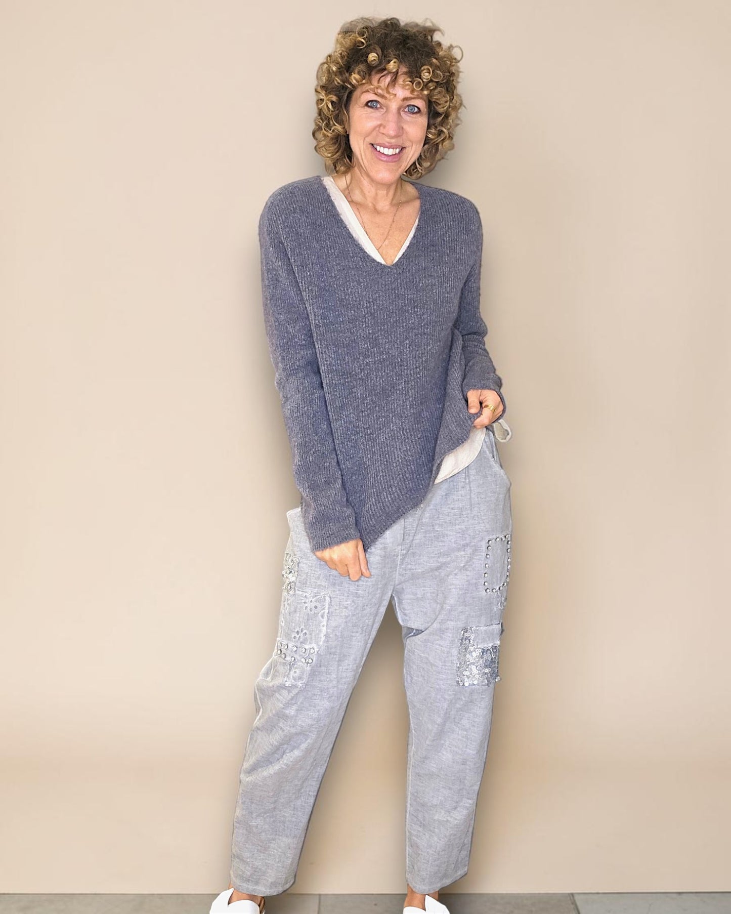 Grey Rib V-Neck Best Basics B. Alpaca Blend Sweater