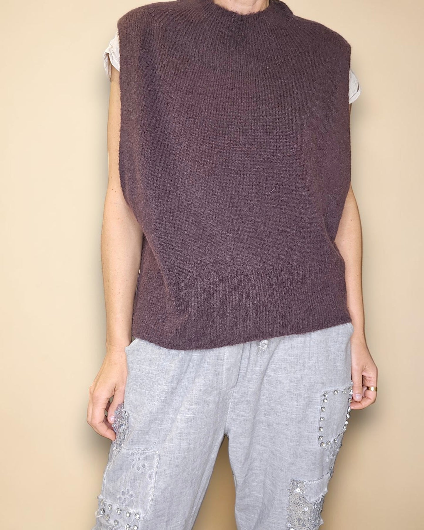 Drk Coffee Cowl Vest Baby Alpaca Blend Knit