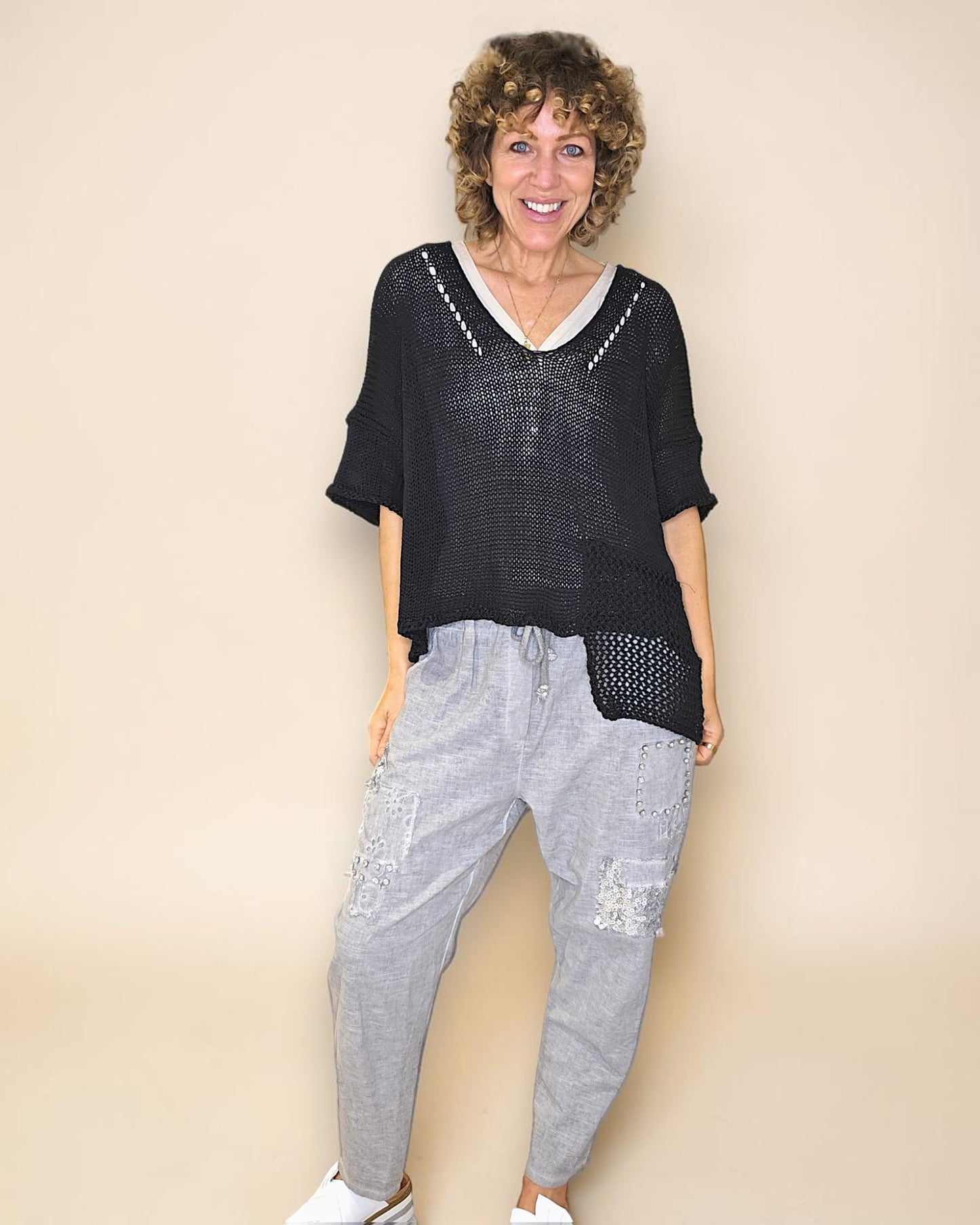 Black Pure Cotton Crochet V-Neck Knit