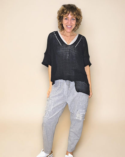 Black Pure Cotton Crochet V-Neck Knit