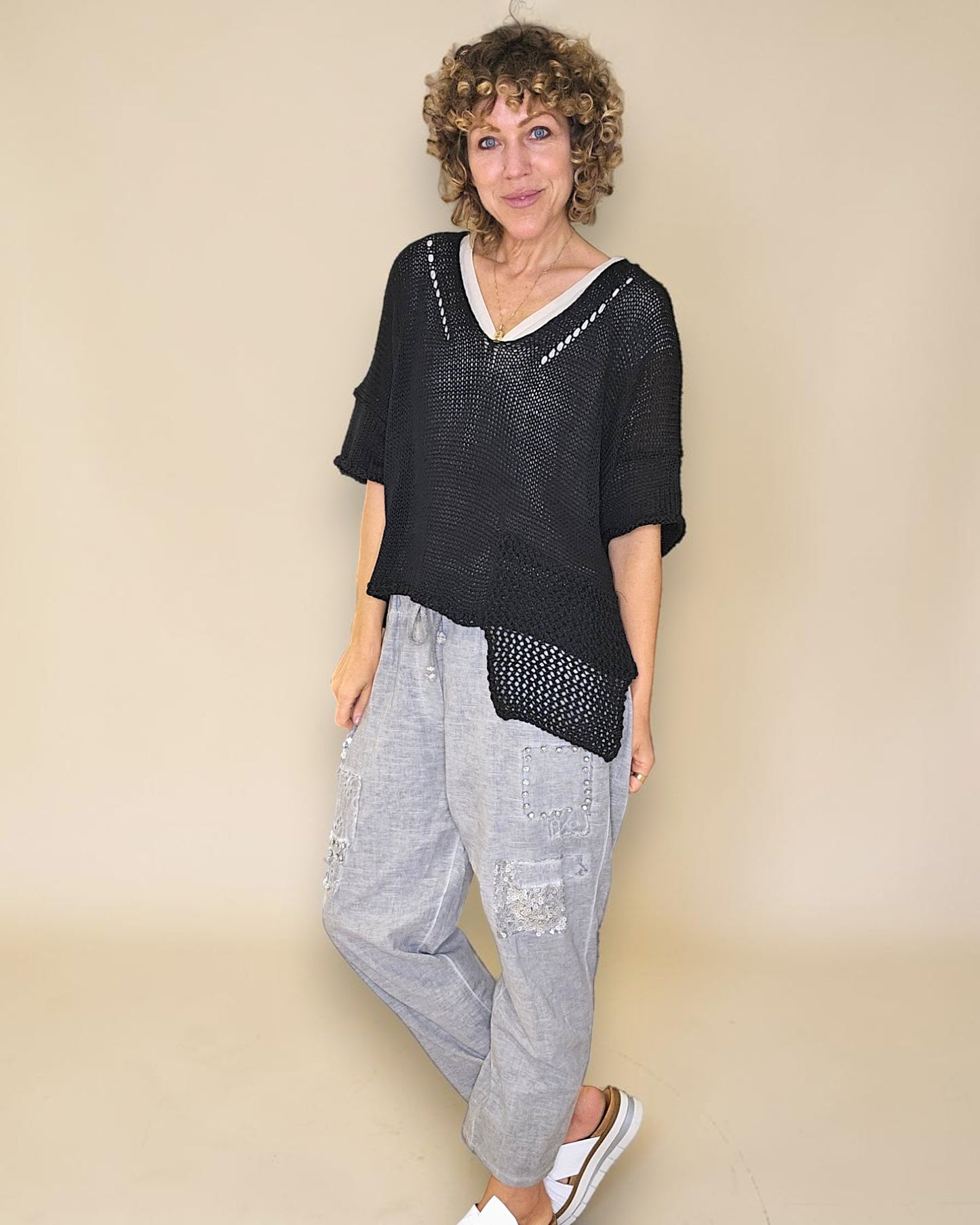 Black Pure Cotton Crochet V-Neck Knit