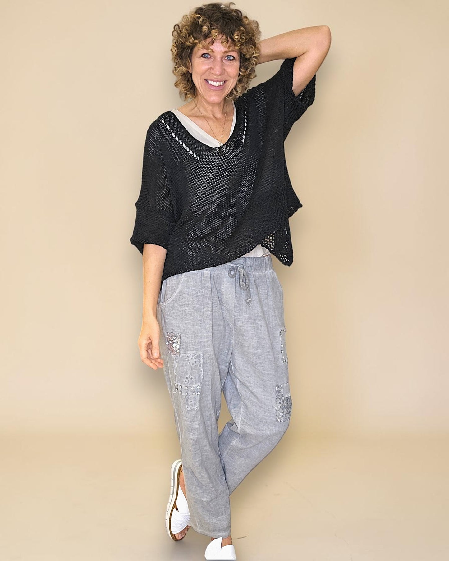 Black Pure Cotton Crochet V-Neck Knit