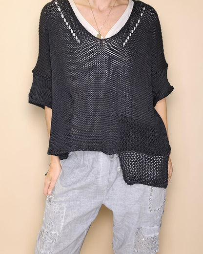 Black Pure Cotton Crochet V-Neck Knit