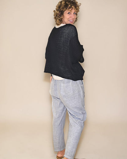 Black Pure Cotton Crochet V-Neck Knit