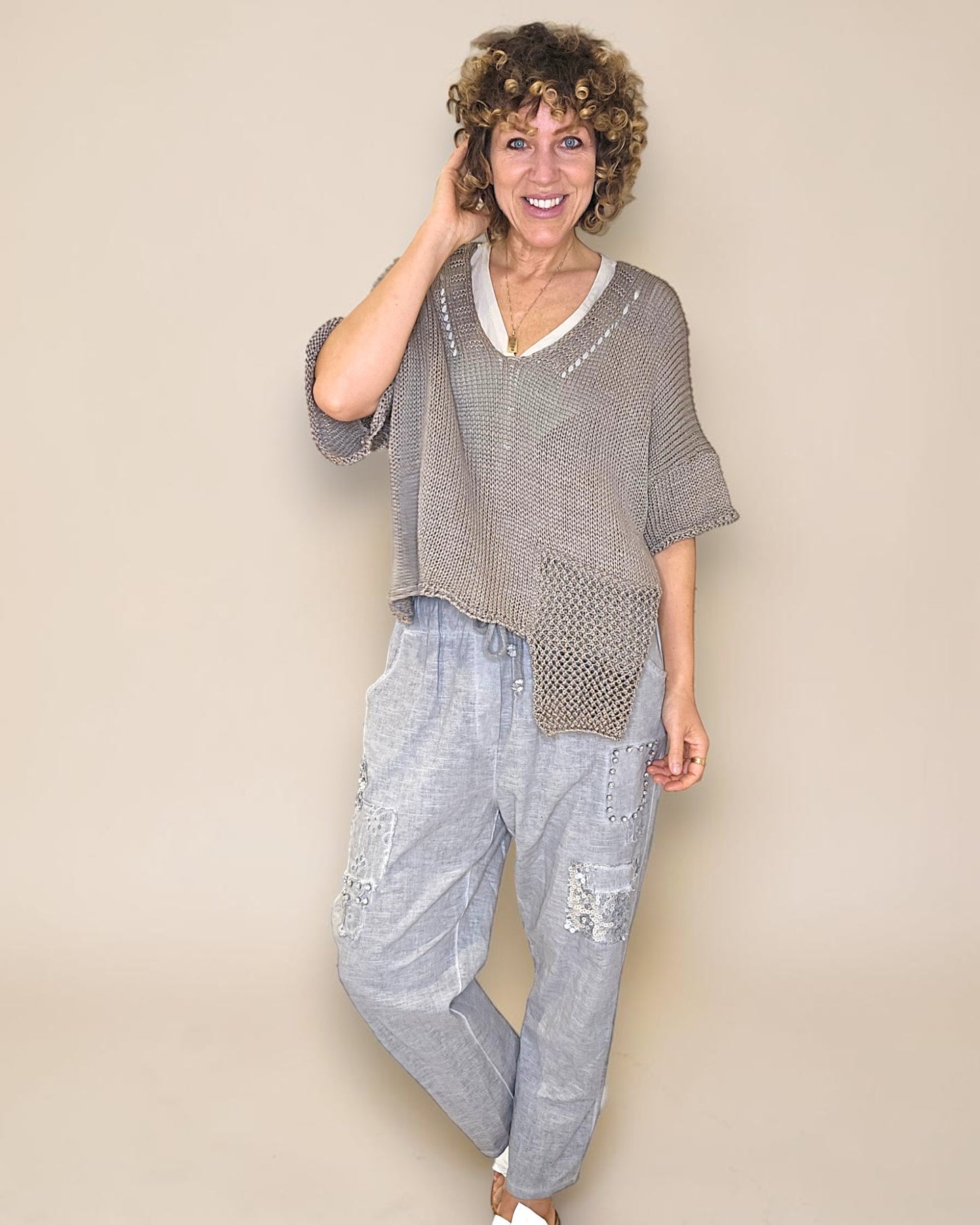 Mocha Pure Cotton Crochet V-Neck Knit