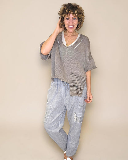 Mocha Pure Cotton Crochet V-Neck Knit
