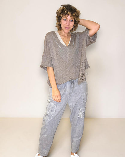 Mocha Pure Cotton Crochet V-Neck Knit