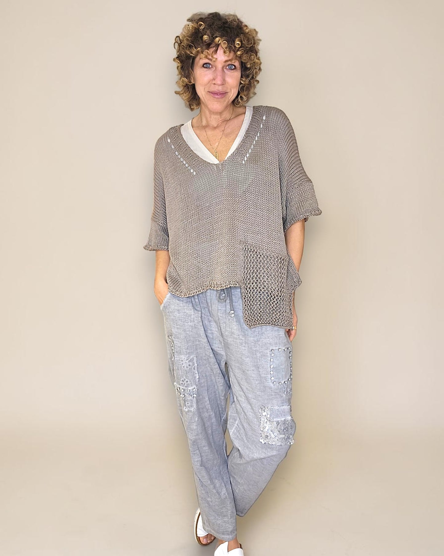 Mocha Pure Cotton Crochet V-Neck Knit