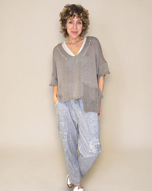 Mocha Pure Cotton Crochet V-Neck Knit