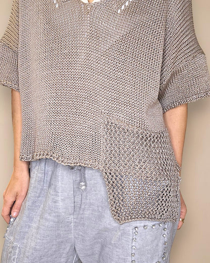 Mocha Pure Cotton Crochet V-Neck Knit