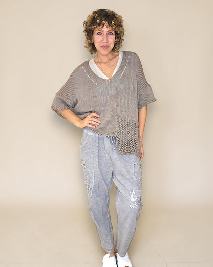 Mocha Pure Cotton Crochet V-Neck Knit