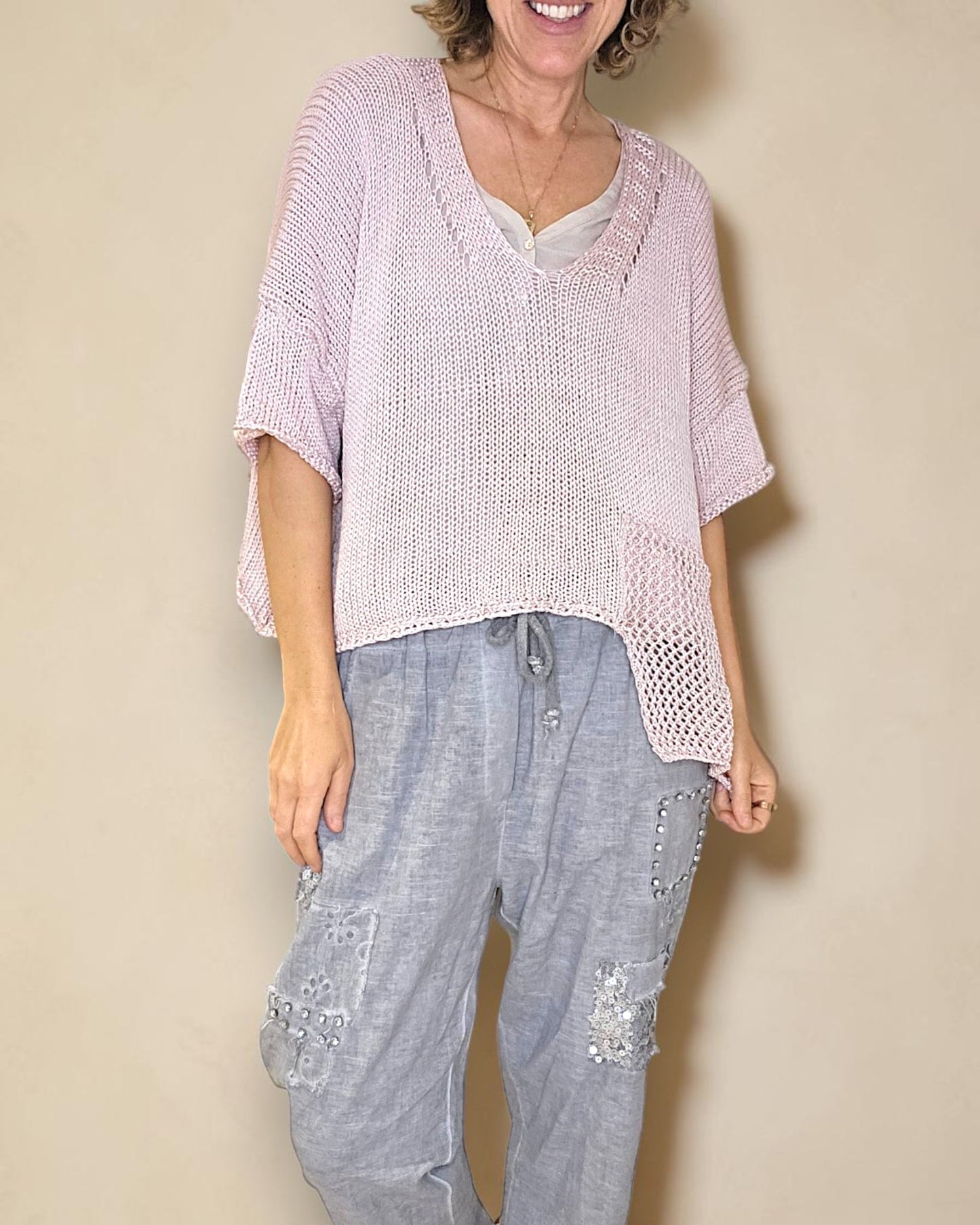 Baby Pink Pure Cotton Crochet V-Neck Knit