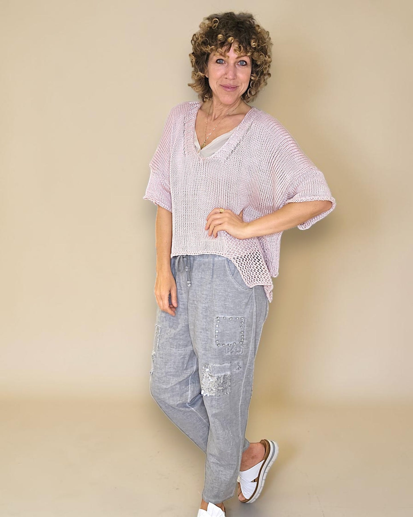 Baby Pink Pure Cotton Crochet V-Neck Knit