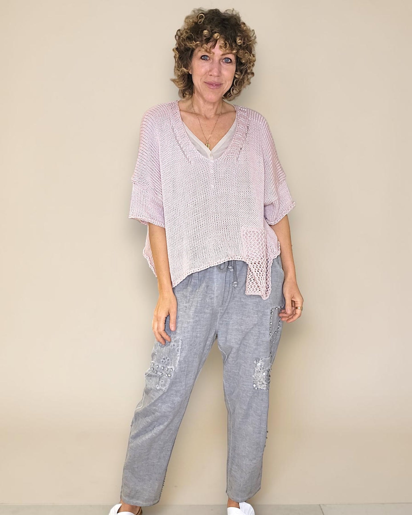 Baby Pink Pure Cotton Crochet V-Neck Knit