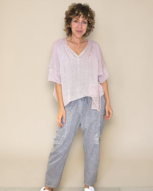 Baby Pink Pure Cotton Crochet V-Neck Knit