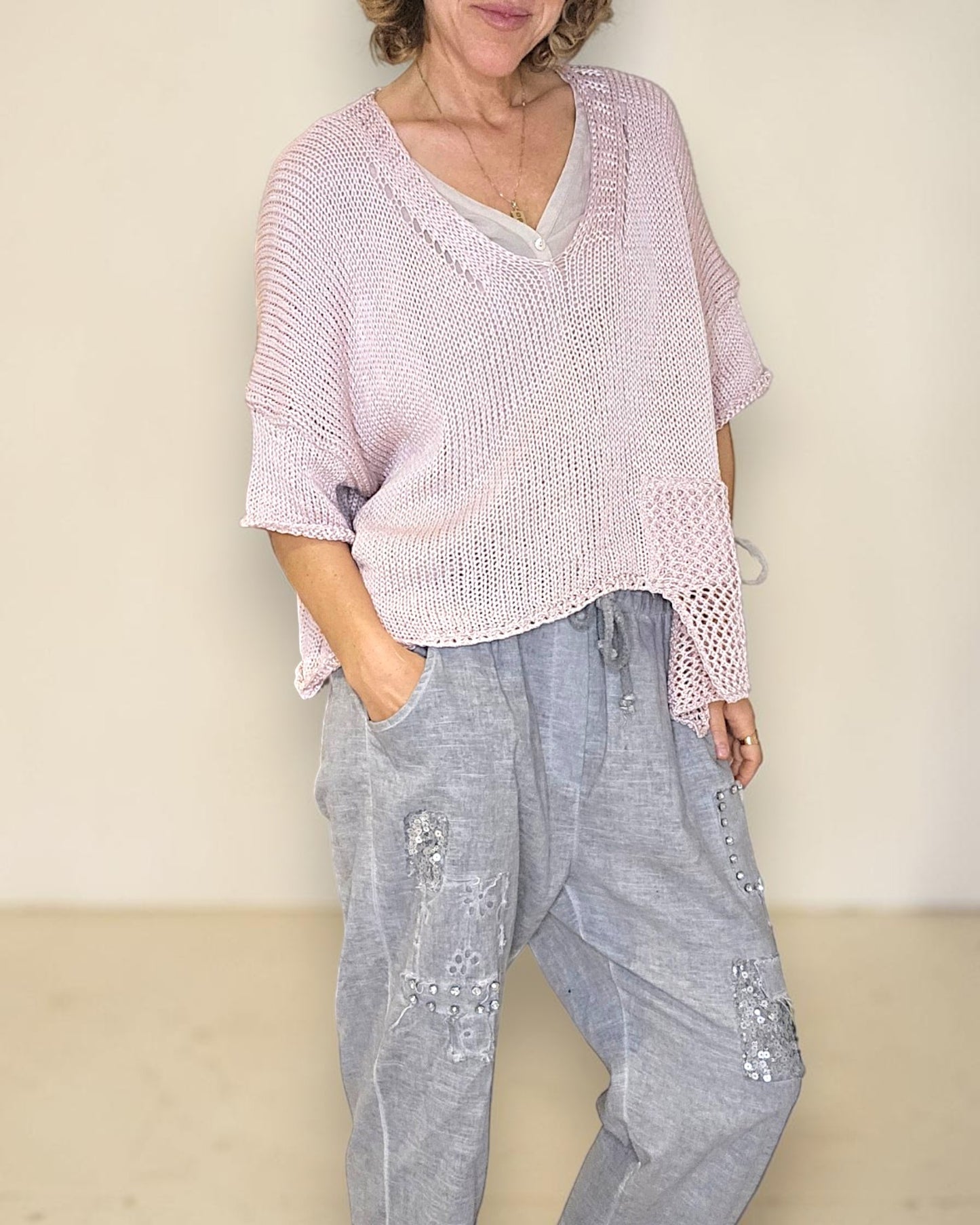 Baby Pink Pure Cotton Crochet V-Neck Knit