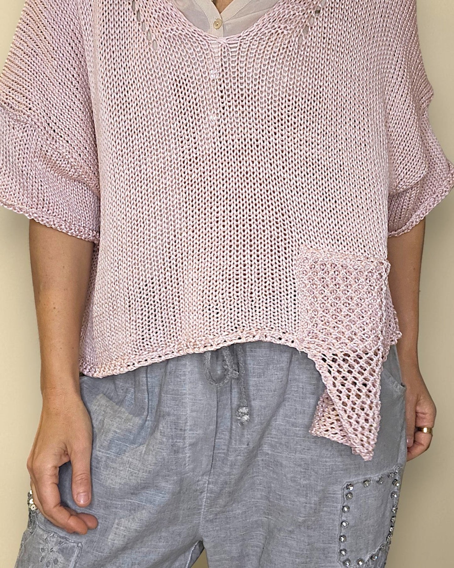 Baby Pink Pure Cotton Crochet V-Neck Knit