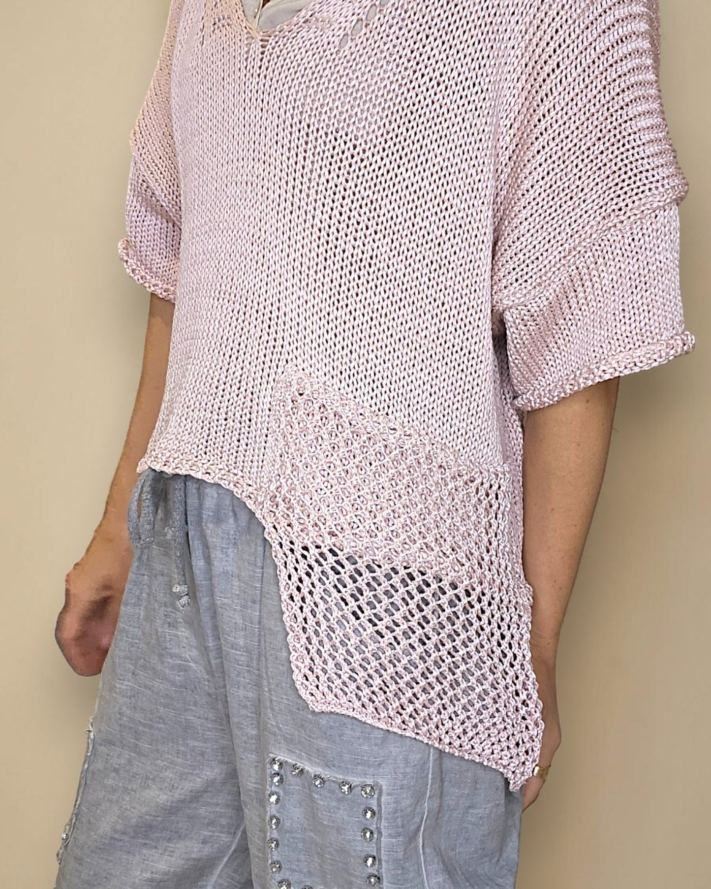 Baby Pink Pure Cotton Crochet V-Neck Knit