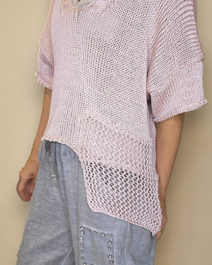Baby Pink Pure Cotton Crochet V-Neck Knit