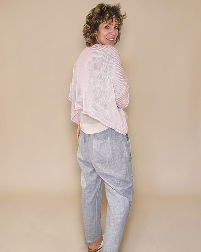 Baby Pink Pure Cotton Crochet V-Neck Knit