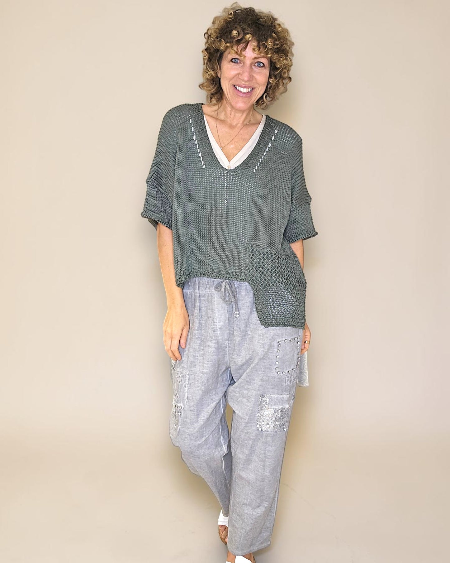 Forest Pure Cotton Crochet V-Neck Knit
