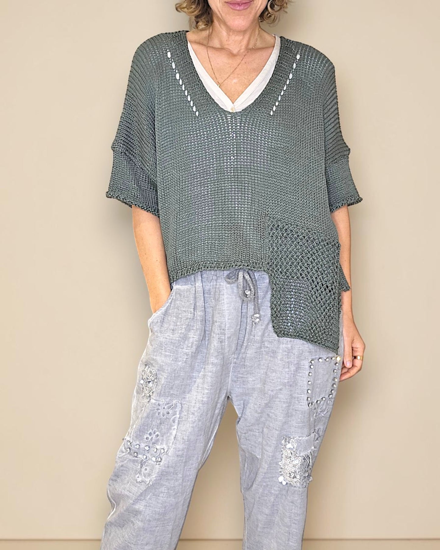 Forest Pure Cotton Crochet V-Neck Knit